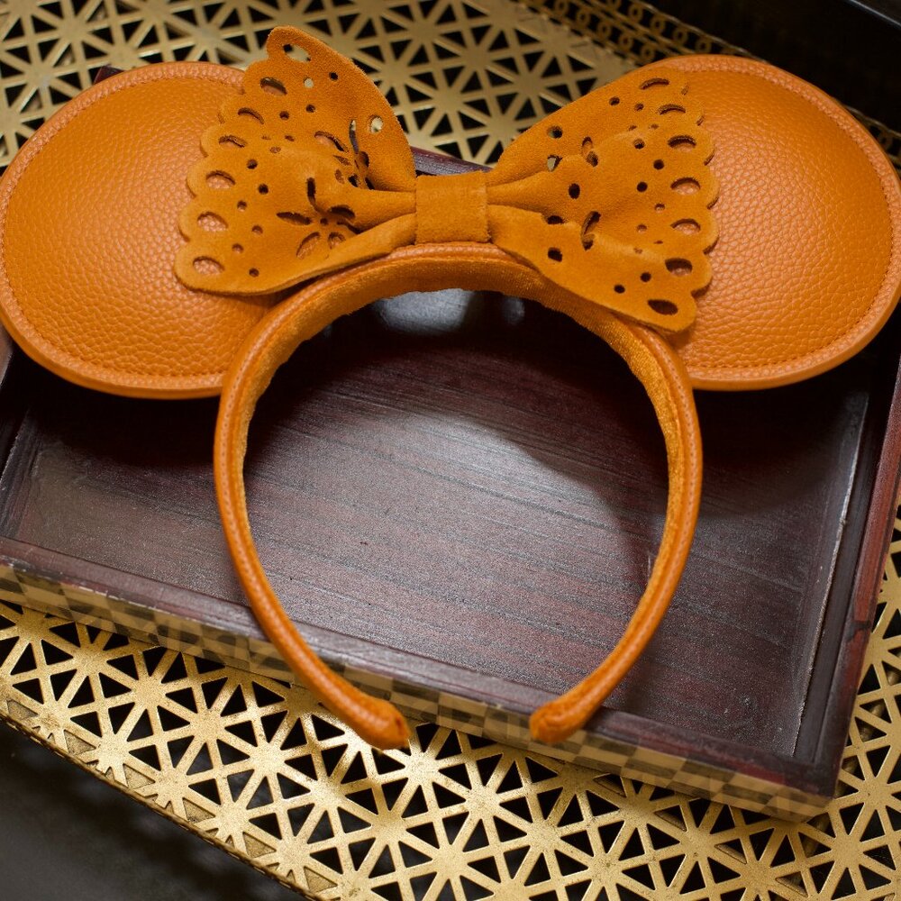 Disney Parks Mickey Minnie Ears – Cognac Faux Leather w Laser-Cut Suede Bow